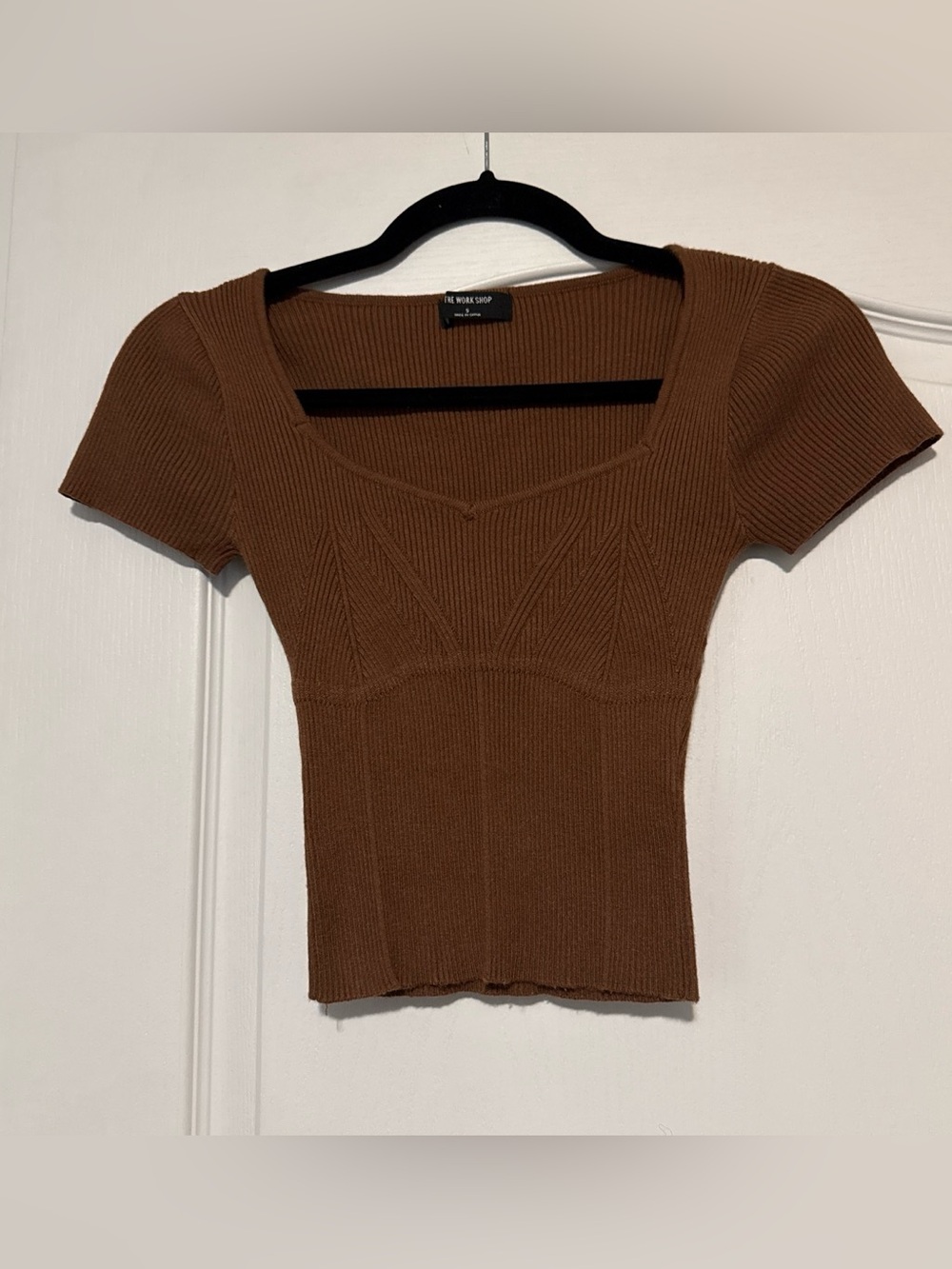 The Work Shop Brown Ribbed Square-Neck Crop Tee